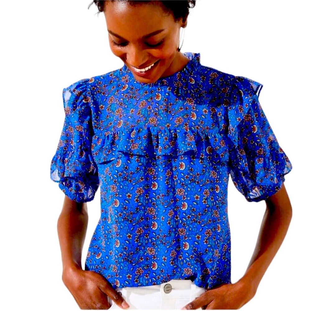 LOFT Blue Floral Mock Neck Ruffled Short Sleeve Blouse Size M - Picture 1 of 8